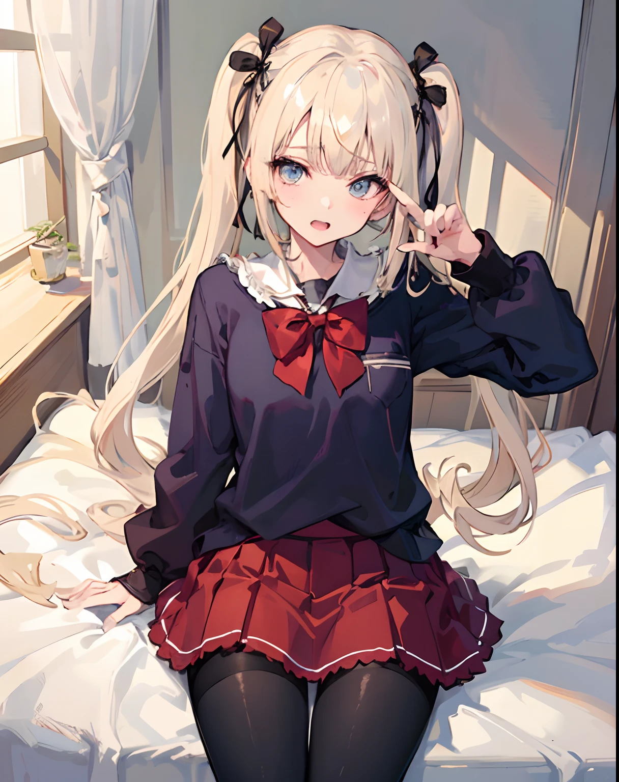 1girl in、独奏、Marie Rose、cowboy  shot、embarassed expression、Bedroom、((School Uniforms))、((pleatedskirt))、((pantyhose))、Sit up