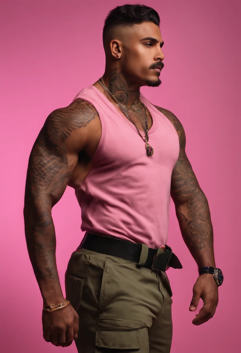 Homem de cabelo rosa, corte do exercito, brinco pequeno, with muscles, com algumas tatuagens
