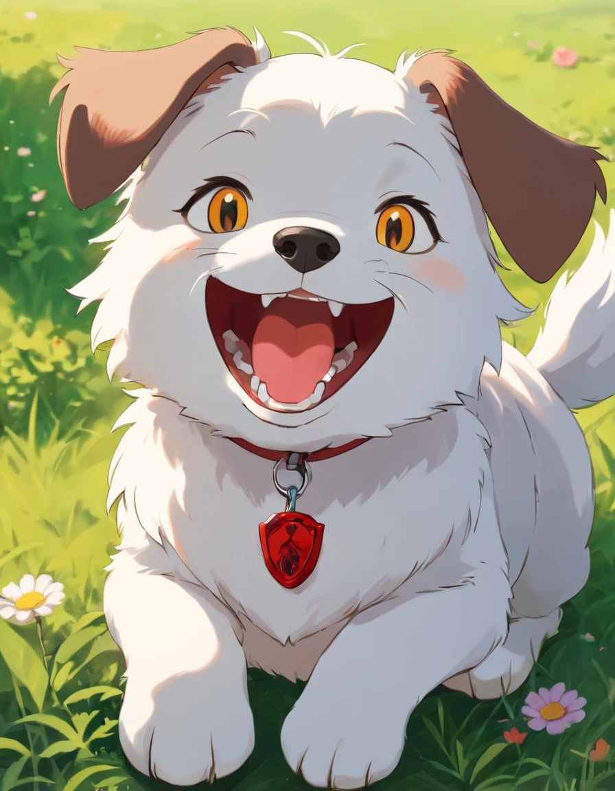 Cute puppy, blood, grin,   (highres, best quality:1.2), radiance, soft contours,