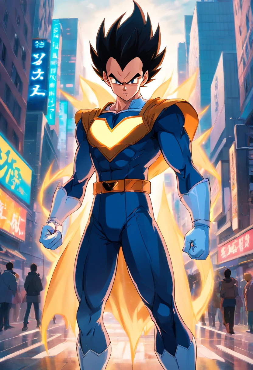 Vegeta wearing the Batman SUIT, Dragon Ball, male (realistic:1.2), vibrant colors, detailed facial features, muscular physique, intense expression, spiky black hair, glowing blue eyes, sharp eyebrows, New York cityscape background, heroic stance, glowing aura, dynamic action, powerful energy blasts, explosive power, dramatic lighting, comic book style, action-packed scene.