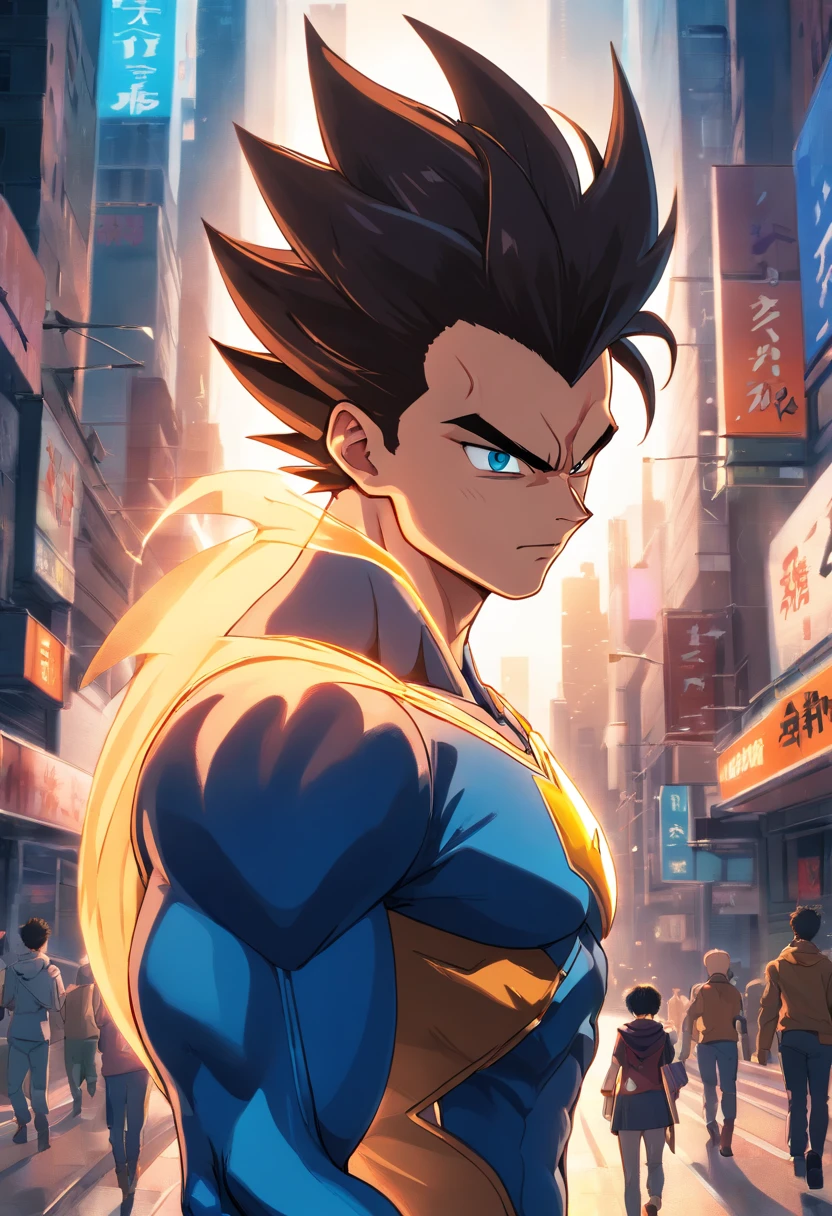 Vegeta wearing the Batman SUIT, Dragon Ball, male (realistic:1.2), vibrant colors, detailed facial features, muscular physique, intense expression, spiky black hair, glowing blue eyes, sharp eyebrows, New York cityscape background, heroic stance, glowing aura, dynamic action, powerful energy blasts, explosive power, dramatic lighting, comic book style, action-packed scene.