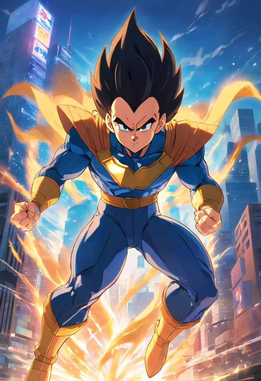 Vegeta wearing the Batman SUIT, Dragon Ball, male (realistic:1.2), vibrant colors, detailed facial features, muscular physique, intense expression, spiky black hair, glowing blue eyes, sharp eyebrows, New York cityscape background, heroic stance, glowing aura, dynamic action, powerful energy blasts, explosive power, dramatic lighting, comic book style, action-packed scene.