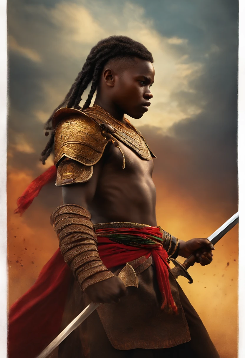 Young African warrior, sword, cheval, noir, anger