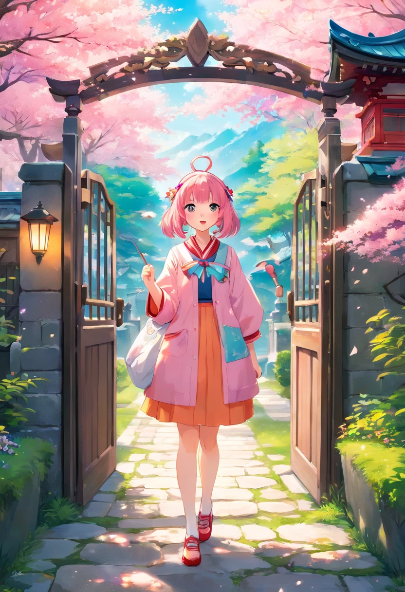 (best quality,4k,8k,highres,masterpiece:1.2),ultra-detailed,(realistic,photorealistic,photo-realistic:1.37),anime,portrait,Kiriko Hayama,kyary pamyu pamyu,A girl with vibrant pink hair and big sparkling eyes, wearing a colorful and futuristic outfit, surrounded by a surreal and dreamlike environment. The scene is set in a spacious garden filled with blooming cherry blossom trees, creating a whimsical and ethereal atmosphere. The sunlight gently filters through the branches, casting a warm glow on Kiriko's face. Her playful expression radiates joy and curiosity. She is standing on a stone pathway that leads to an intricate and ornate gate, which opens to a hidden wonderland. The gate is adorned with intricate patterns and vibrant colors, showcasing the vivid and lively nature of the scene. As Kiriko walks towards the gate, small butterflies and birds flutter around her, adding a touch of magic to the moment. Her long eyelashes and detailed lips accentuate her youthful and captivating beauty. The colors in the artwork are vibrant, with a mix of pastel tones and bold pops of pink and blue, enhancing the anime-inspired aesthetic. The overall lighting is soft and gentle, creating a serene and enchanting ambiance. This artwork is a masterpiece, created with utmost attention to detail and carefully crafted textures. The final image will be a stunning fusion of anime-style portraiture and vibrant, dreamlike surroundings, capturing both the energy of Kiriko Hayama and the artistic essence of kyary pamyu pamyu's colorful music.