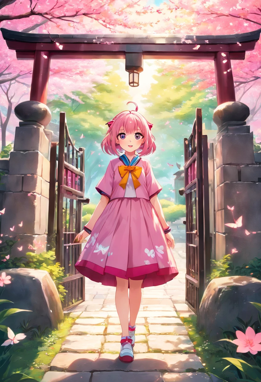 (best quality,4k,8k,highres,masterpiece:1.2),ultra-detailed,(realistic,photorealistic,photo-realistic:1.37),anime,portrait,Kiriko Hayama,kyary pamyu pamyu,A girl with vibrant pink hair and big sparkling eyes, wearing a colorful and futuristic outfit, surrounded by a surreal and dreamlike environment. The scene is set in a spacious garden filled with blooming cherry blossom trees, creating a whimsical and ethereal atmosphere. The sunlight gently filters through the branches, casting a warm glow on Kiriko's face. Her playful expression radiates joy and curiosity. She is standing on a stone pathway that leads to an intricate and ornate gate, which opens to a hidden wonderland. The gate is adorned with intricate patterns and vibrant colors, showcasing the vivid and lively nature of the scene. As Kiriko walks towards the gate, small butterflies and birds flutter around her, adding a touch of magic to the moment. Her long eyelashes and detailed lips accentuate her youthful and captivating beauty. The colors in the artwork are vibrant, with a mix of pastel tones and bold pops of pink and blue, enhancing the anime-inspired aesthetic. The overall lighting is soft and gentle, creating a serene and enchanting ambiance. This artwork is a masterpiece, created with utmost attention to detail and carefully crafted textures. The final image will be a stunning fusion of anime-style portraiture and vibrant, dreamlike surroundings, capturing both the energy of Kiriko Hayama and the artistic essence of kyary pamyu pamyu's colorful music.