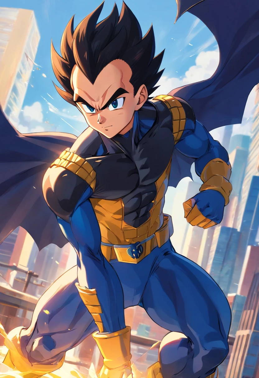 Vegeta usando o TRAJE DO BATMAN, cores escuras, Dragon ball, masculino