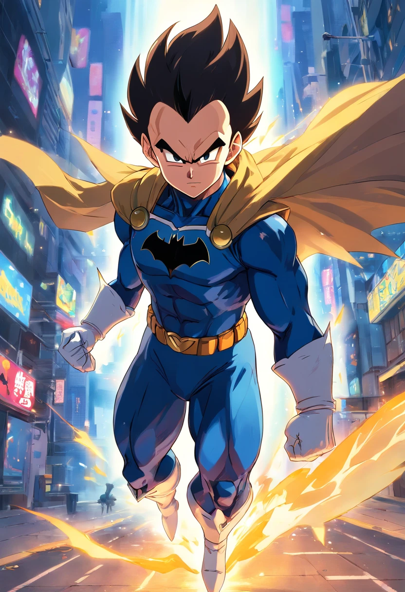 Vegeta usando o TRAJE DO BATMAN, cores escuras, Dragon ball, masculino