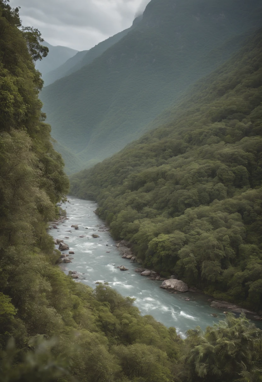 um disco voador, em cima de umas montanhas, e um rio com aguas de correntes