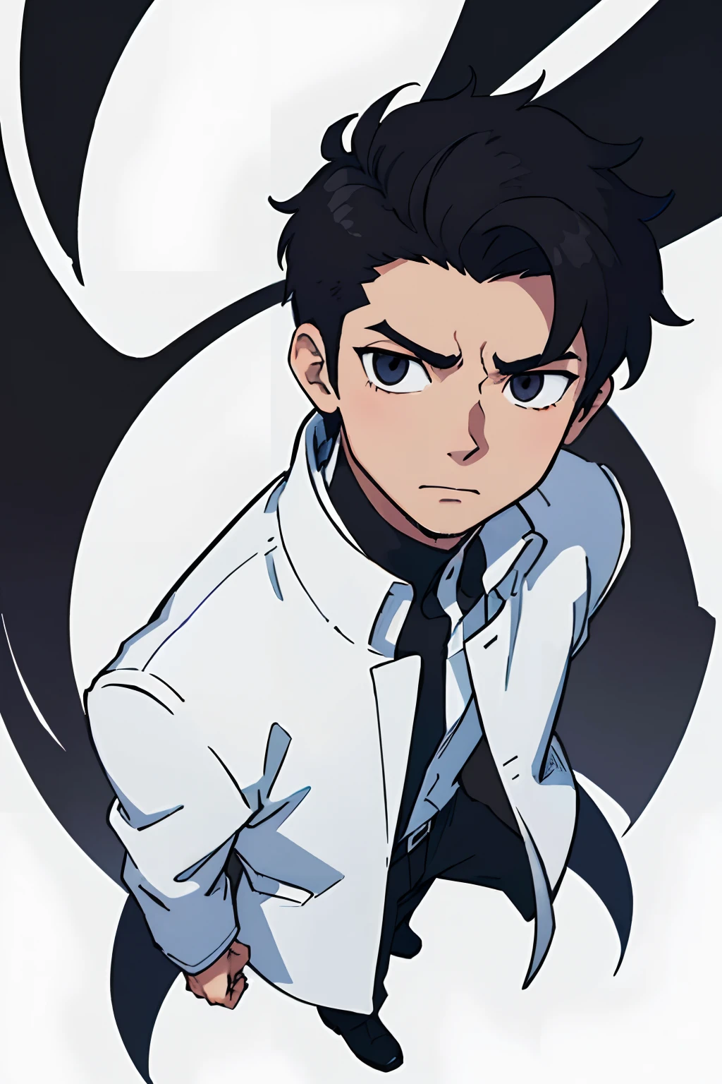 (best quality: 0.8), (best quality: 0.8), perfect anime illustration, extreme close-up portrait of a man, black eye, black hair, white overcoat, short hair, quiff, neutral background, full body , standing, full body
