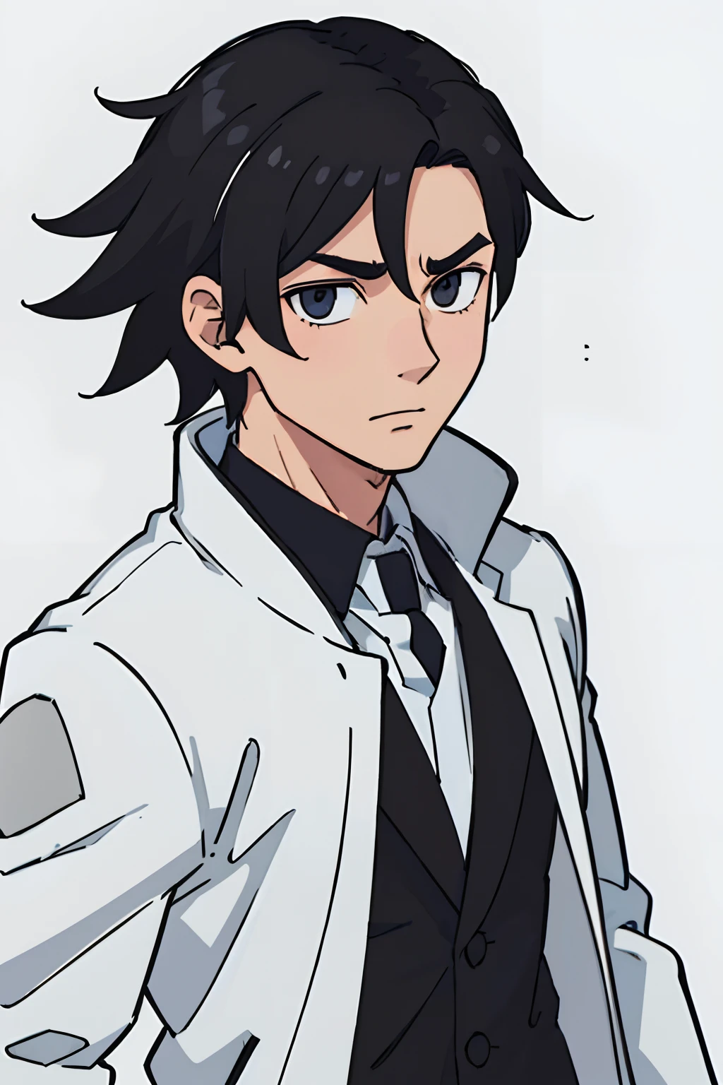 (best quality: 0.8), (best quality: 0.8), perfect anime illustration, extreme close-up portrait of a man, black eye, black hair, white overcoat, short hair, quiff, neutral background, full body , standing, full body