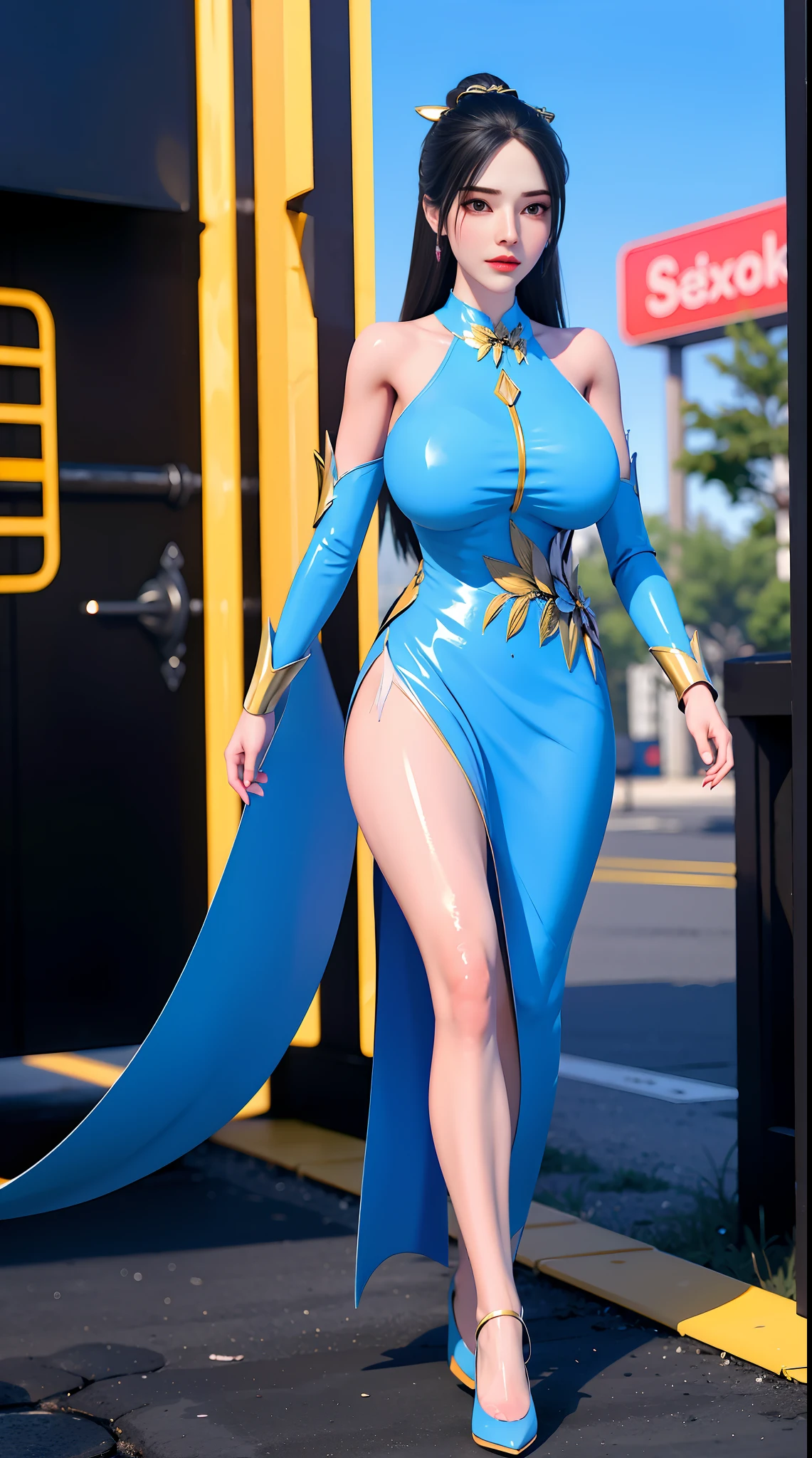 physically-based rendering, (1girl:1), Female, (huge fake breasts:1.1), street, sexy muscular body, muscle abs, slim waist, big buttocks, (Full body:1.3), walking, wearing dress.