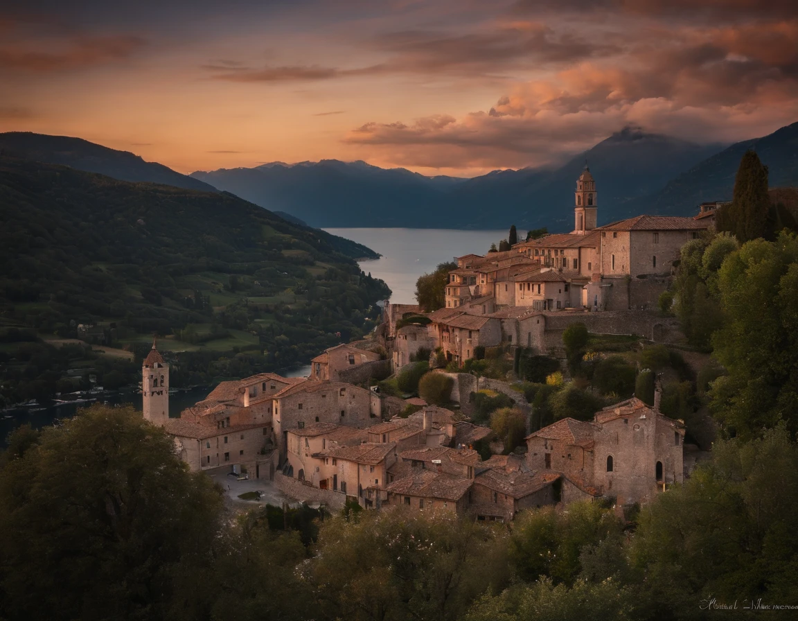 An extremely beautiful and charming Italian village by the shores of lake Cuomo, Italy, sunset, lights on, dramatic lighting, magnificent aura, spectacular views, stunning skies.