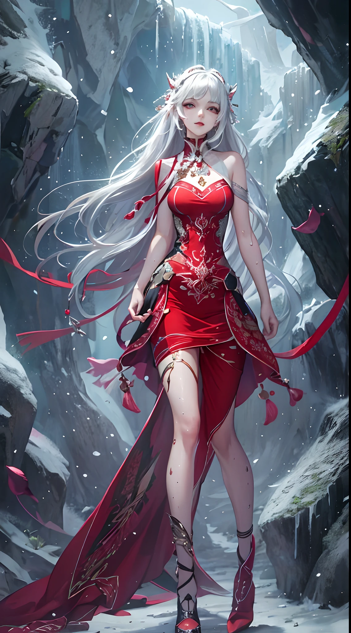 snowing cave, frozen cave, (masterpiece, top quality, best quality, official art, beautiful and aesthetic:1.2), (1girl:1.3), (fractal art:1.3), absurd, masterpiece, best quality, realistic, hyper-detailed, (shiny skin, sweaty:1.4), looking at viewer, slender, 1girl, solo, pure white sneakers, miniskirt, silver color straight long hair, princess cut, red eyes, (thick thighs:0.5), dynamic lighting, high resolution, sharp focus, depth of field, small breasts, vampire, masterpiece, best quality, ultra-detailed, illustration, ultra-detailed face, best quality face, evil, 24 years old, adult, 1girl, 24 years old, no human, alchemy outfit, intricate detailed outfit, sexy pose, glowing red dress, cute, kawaii, digital art, finely detailed eyes, showing a delicate slim figure and graceful curves, (beautiful long legs:1.3), bend at the waist,