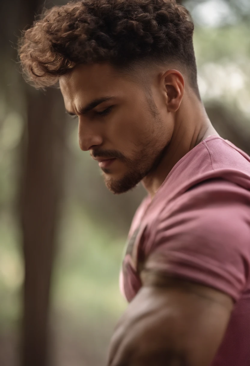 Homem de cabelo rosa, corte do exercito, brinco pequeno, with muscles