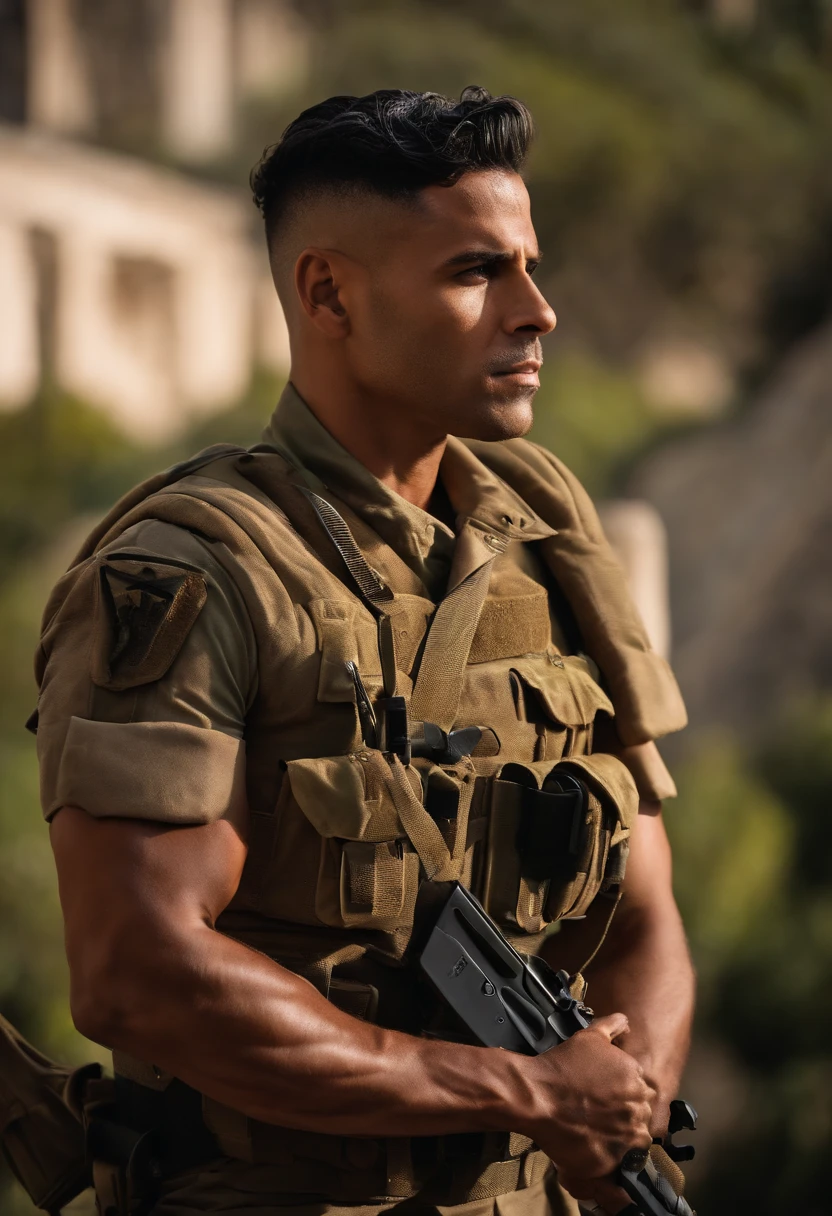 Homem de cabelo rosa, corte do exercito, brinco pequeno, with muscles