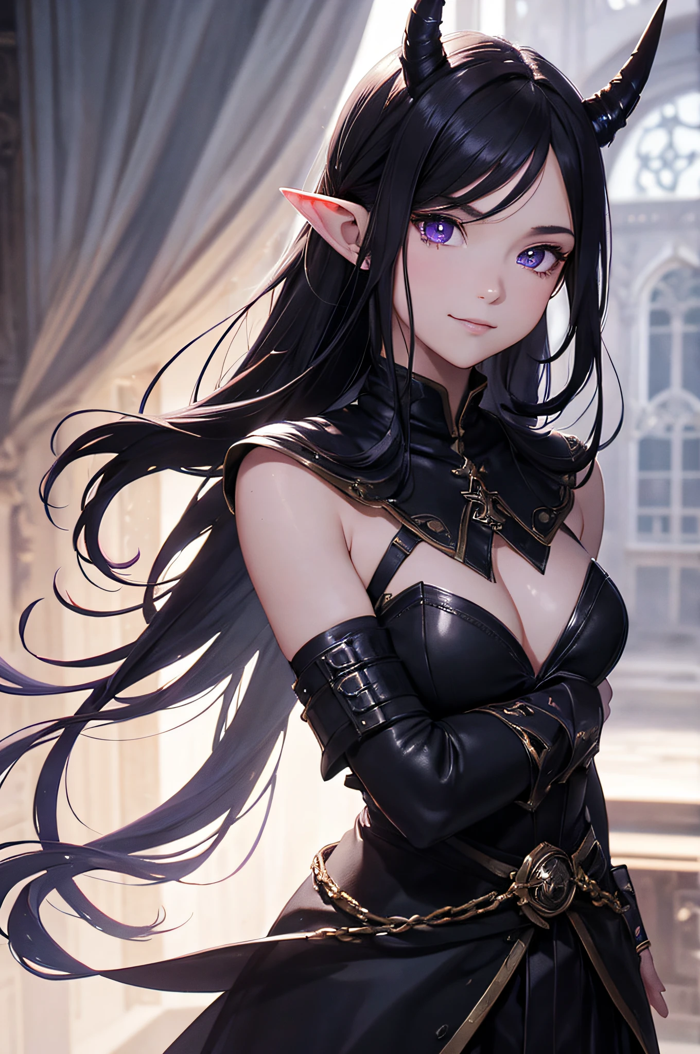 (masterpiece), best quality, ultra-high resolution, ((one man)), boy, male, elegant, expresive eyes, perfect face, half body, looking at viewer, dutch angle, cowboy shot, (long black hair), ponytail, (purple eye color), long elf like ears, two long demon horns on the head, leather armor, Clothing for the Middle Ages, assasin, dagger, light smile, detailed background, Extreme Detailgenauigkeit, 4K