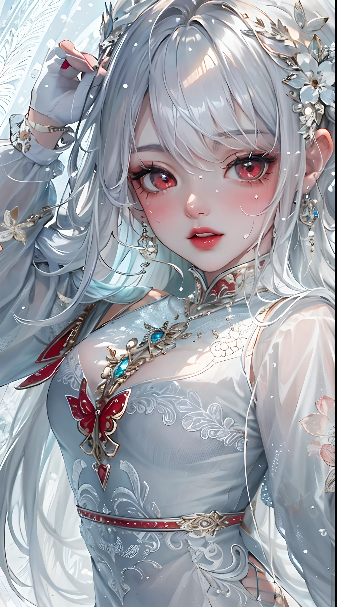 snowing cave, frozen cave, (masterpiece, top quality, best quality, official art, beautiful and aesthetic:1.2), (1girl:1.3), (fractal art:1.3), absurd, masterpiece, best quality, realistic, hyper-detailed, (shiny skin, sweaty:1.4), looking at viewer, slender, 1girl, solo, pure white sneakers, miniskirt, silver color straight long hair, princess cut, red eyes, (thick thighs:0.5), dynamic lighting, high resolution, sharp focus, depth of field, small breasts, vampire,  masterpiece, best quality, ultra-detailed, illustration, ultra-detailed face, best quality face, evil, 24 years old, adult, 1girl, 24 years old,  no human, alchemy outfit, intricate detailed outfit, sexy pose, glowing red dress, cute, kawaii, digital art, finely detailed eyes, showing a delicate slim figure and graceful curves, (beautiful long legs:1.3), bend at the waist,