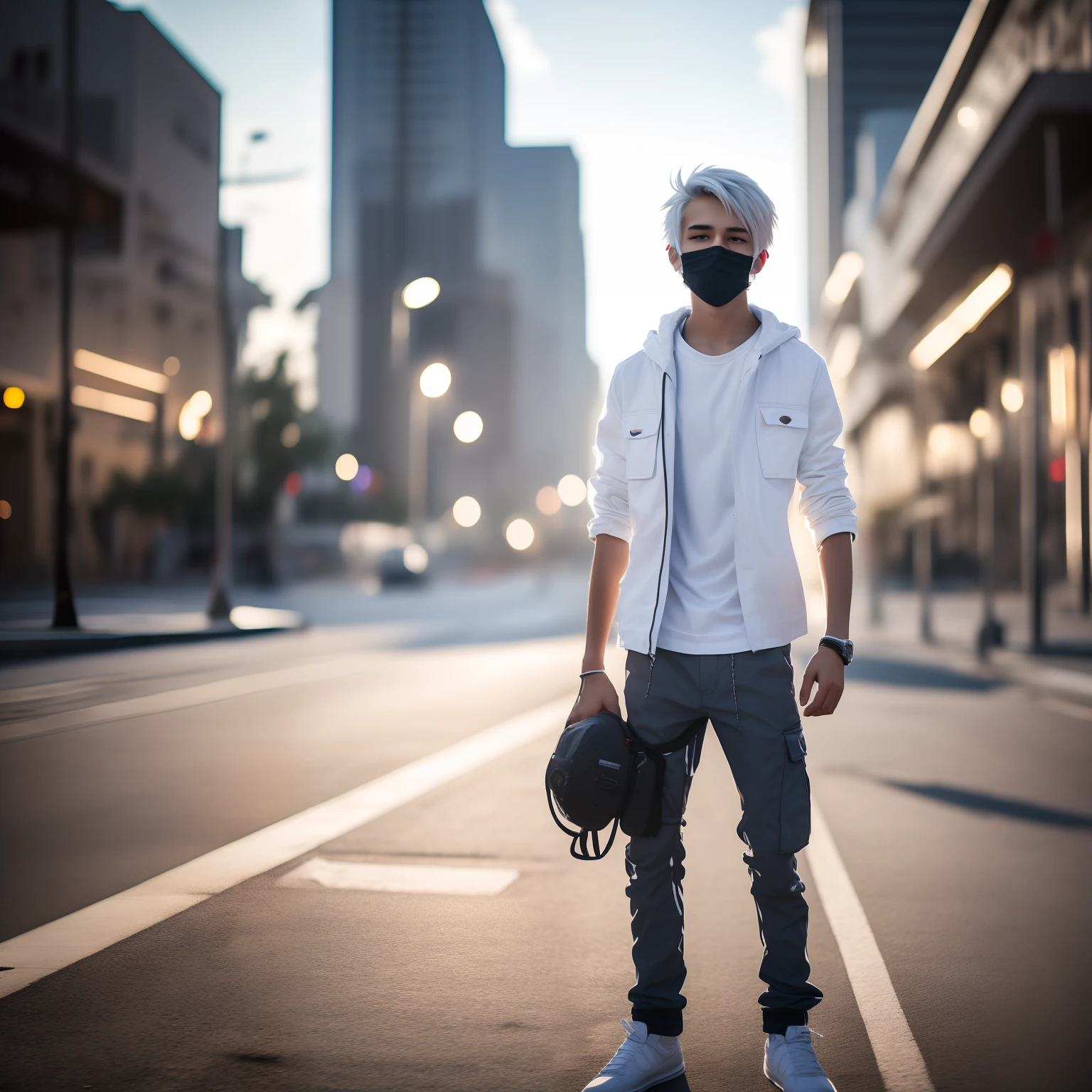  male, (((16yo), dead inside, topless, white cargo pants, full body view, city, background blur, chromatic aberration, bokeh, skinny body, white hair, ultra realistic, HQ, 8k, square masculine caucassian face, plaid shirt, mask, chainlet