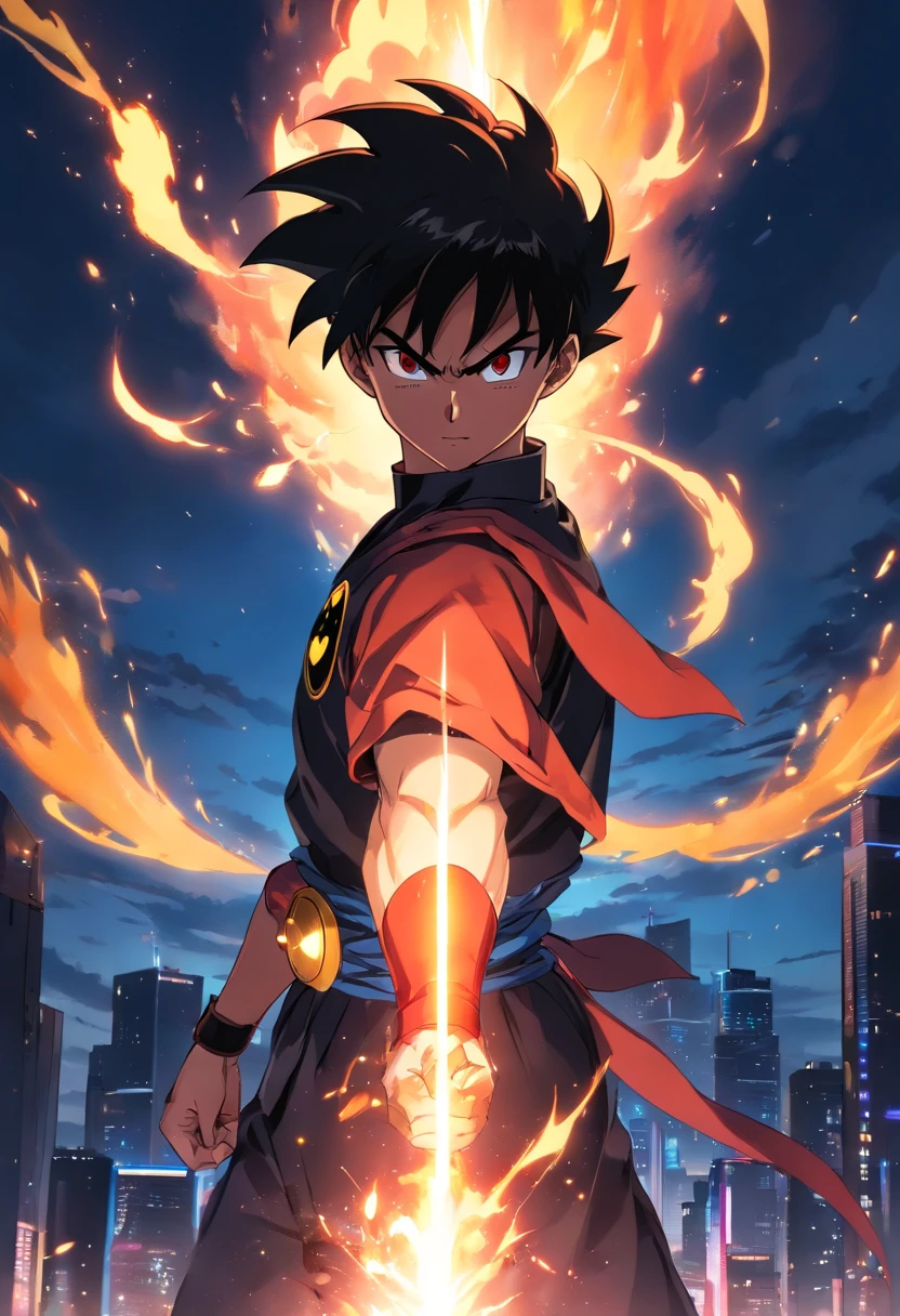(Um poderoso saiyajin:1.2), (armadura detalhada:1.1) Of (Batman:1.1) (de O Cavaleiro das Trevas:1.1), (Intensa cena de batalha:1.1), (dynamic fighting pose), (Flames and sparks flying:1.1), (Magnificent energetic aura), (poder explosivo:1.1), (cores vibrantes:1.1), (estilo de pintura em tinta e aquarela:1.1), (dramatic lighting:1.1), (esquema de cores vermelho e preto ardente), (Epic and intense atmosphere:1.1)