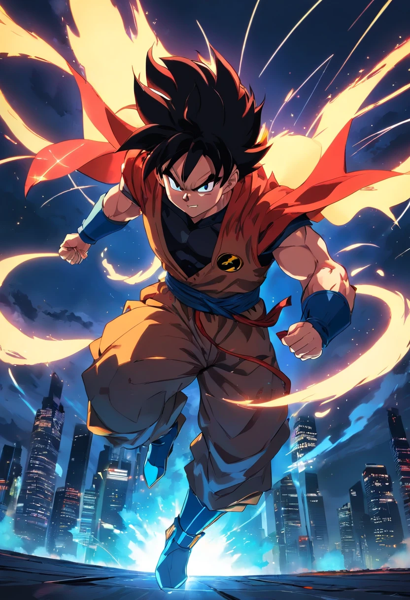 (Um poderoso saiyajin:1.2), (armadura detalhada:1.1) Of (Batman:1.1) (de O Cavaleiro das Trevas:1.1), (Intensa cena de batalha:1.1), (dynamic fighting pose), (Flames and sparks flying:1.1), (Magnificent energetic aura), (poder explosivo:1.1), (cores vibrantes:1.1), (estilo de pintura em tinta e aquarela:1.1), (dramatic lighting:1.1), (esquema de cores vermelho e preto ardente), (Epic and intense atmosphere:1.1)