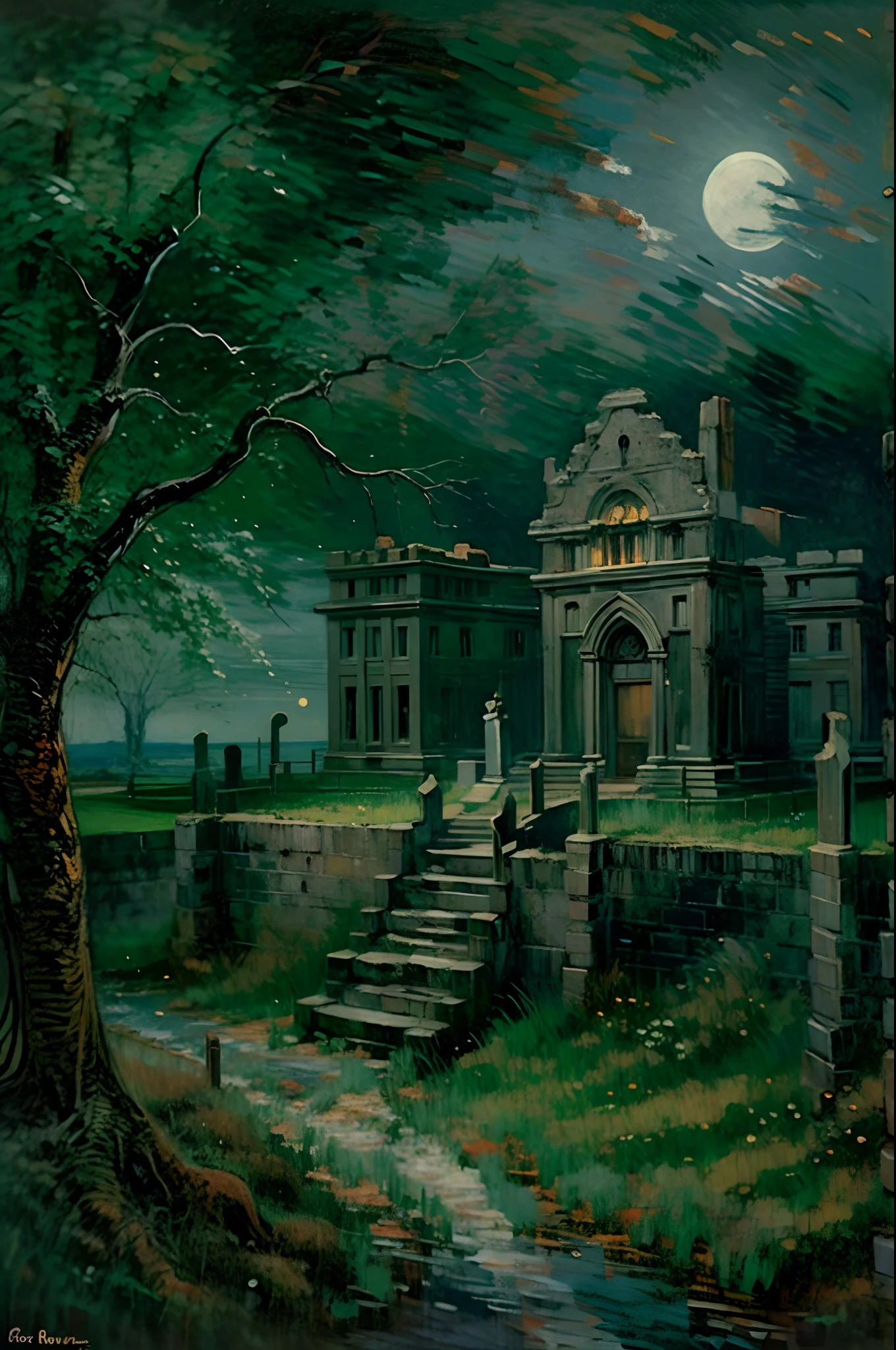 oil painting landscape, cinematic lighting, dramatic lighting, dark foggy night, necromancer's castle, necropolis, graveyard, graves, crescent moon and clouds