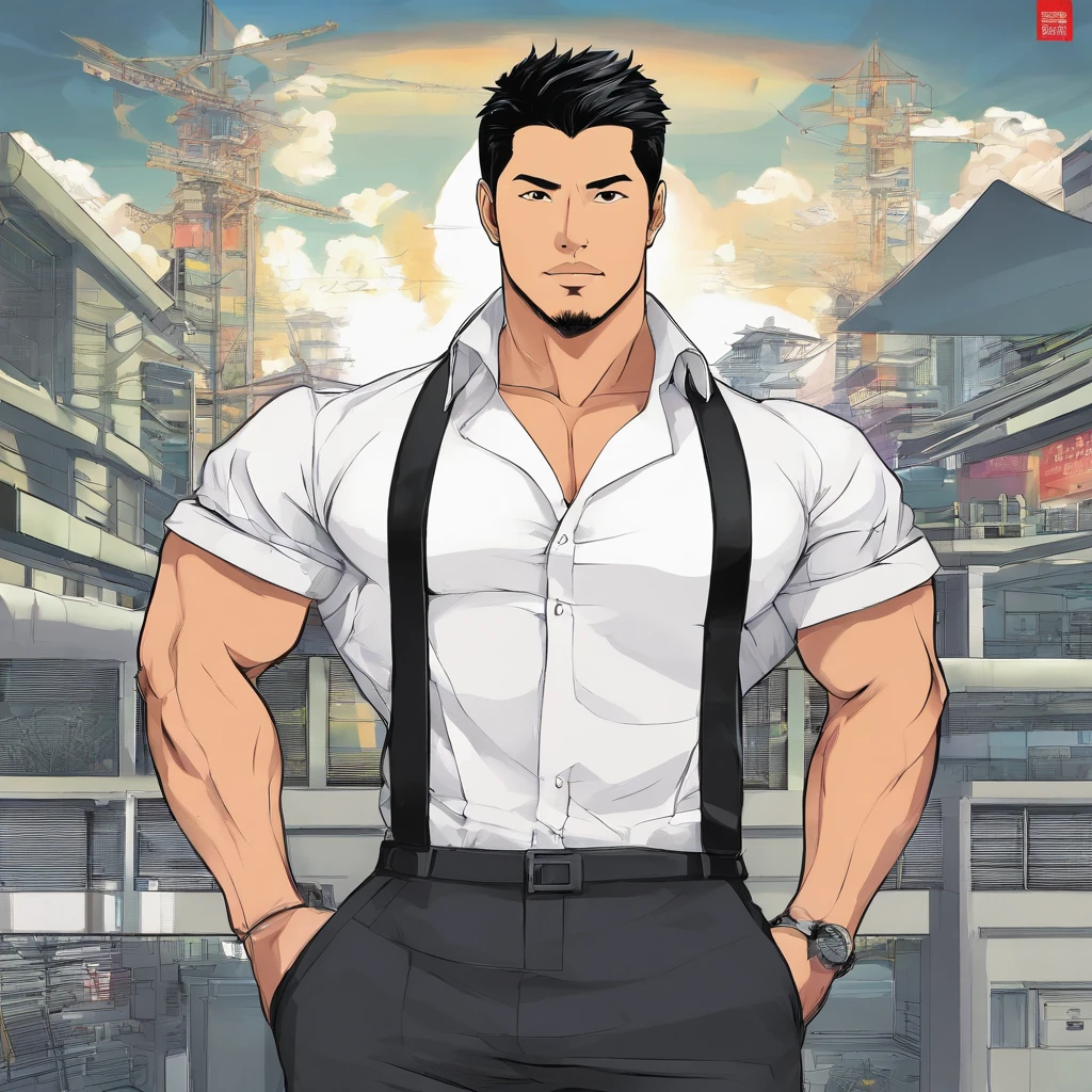 An attractive 40-year-old Filipino, boasting a strong jawline, chiseled features, and tan skin. He has short black hair and a shaved beard. He wears a tight office uniform. He has a thick neck, wide shoulders, meaty pecs, a 6 pack, burly biceps, and so on.