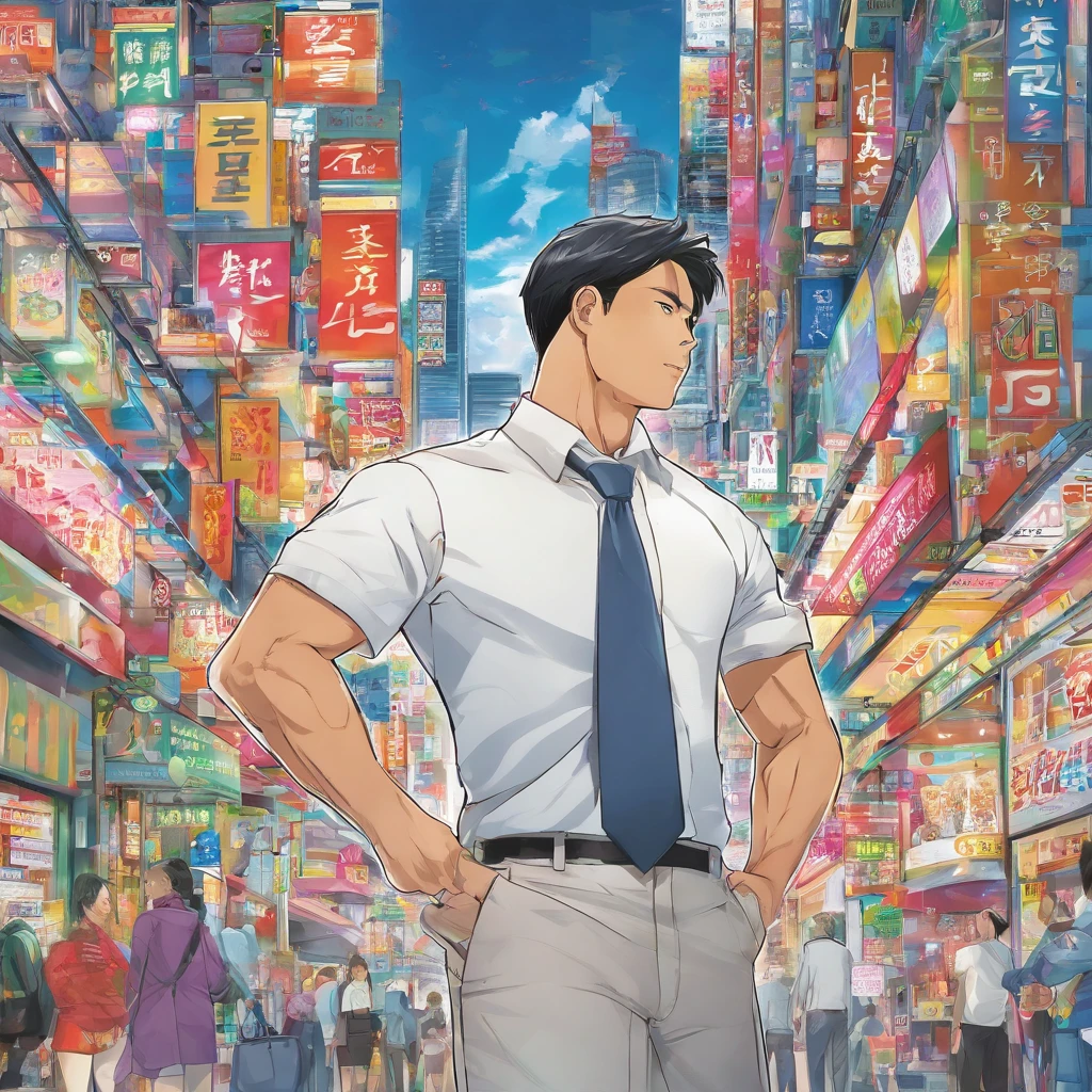 An attractive 40-year-old Filipino, boasting a strong jawline, chiseled features, and tan skin. He has short black hair and a shaved beard. He wears a tight office uniform. He has a thick neck, wide shoulders, meaty pecs, a 6 pack, burly biceps, and so on.