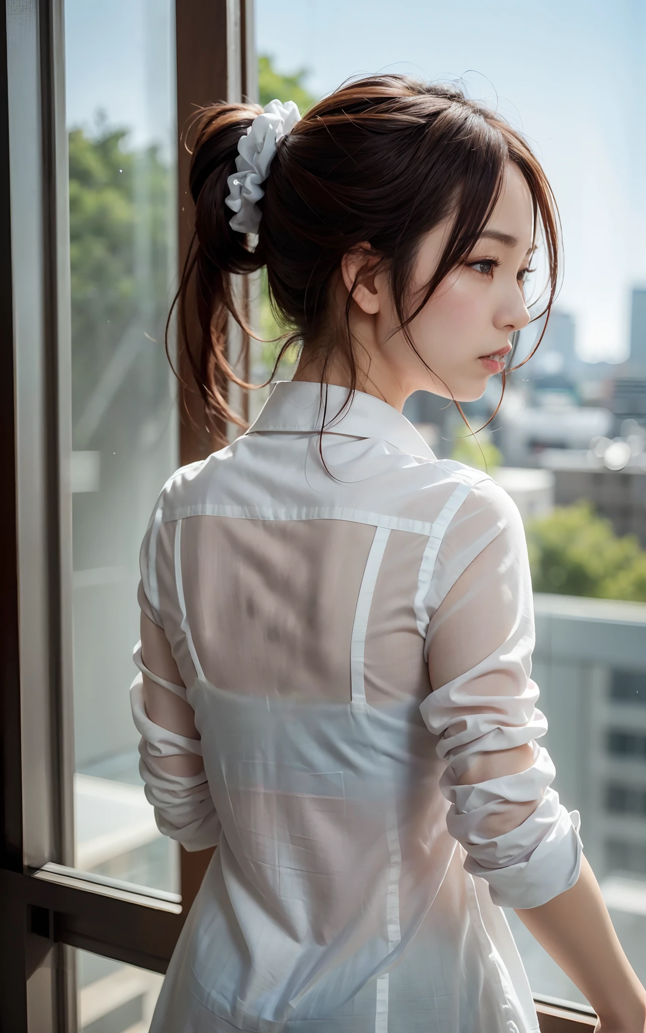 photo from behind, japanese girl, (close up the nape of the neck :1.2), ( collared white shirt:1.3),adorable, standing , office, hair Scrunchie, , (high saturation:1.0), (extremely detailed skin), (best quality:1.0), (ultra highres:1.0) ,(photo realistic:1.0), (ultra detailed:1.0), (8k, RAW photo:1.1),(see-through:1.2),(looking far away:1.0) , bsb