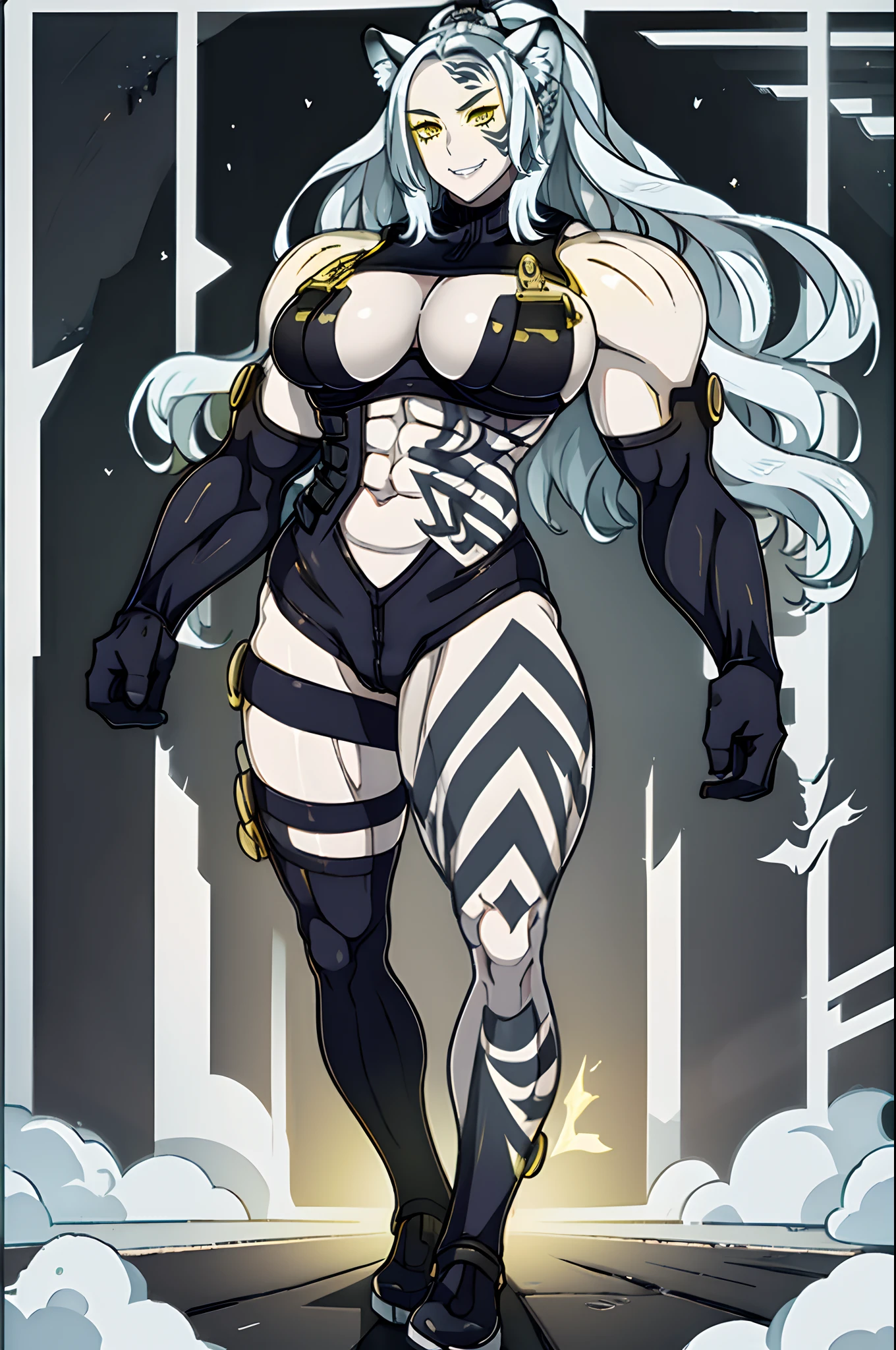 sandy, white hair, animale ears, animal ear fluff, left face tattoo yellow eyes, abs, muscular,ponytail tattoo, fang, elbow gloves, black bodysuit, black thighhighs, tight, clothing cutout, cleavage cutout, large breasts,hips. covered , spread legs, from below, standing,night, streets, solo, (insanely detailed, beautiful detailed face,beautiful detailed eyes, masterpiece, best quality) serious,full body, standing, feet, pants, pullover, feet,curvy,,forest,Venus Body,smile, very curvy, grey lipstic, bra,