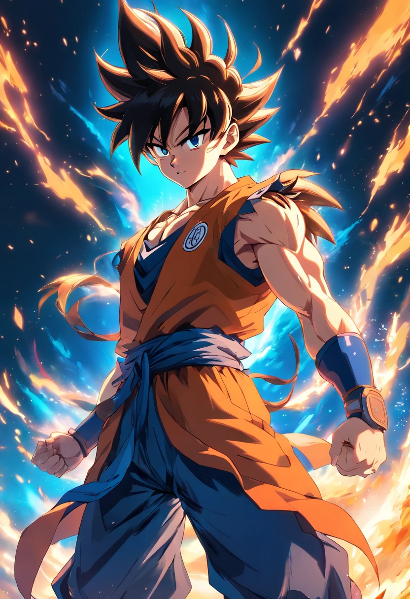 Goku in heavy armor,3D rendering,ultra-detailed,professional,HDR,studio lighting,vivid colors,physically-based rendering,sharp focus,long hair,serious expression,muscular,dragon tattoo,bokeh,metallic texture,glowing orbs,explosions,action-packed scene,unstoppable power,fiery background,anime style,colorful aesthetics.