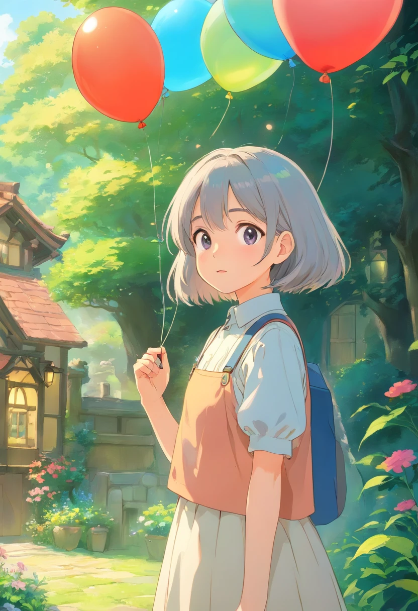 high qulity,真实感,photorealestic,4k,8k,hyper-detailing,professinal,detailed meticulous,gorgeous color,Illustration material,Clear focus,Physical base rendering,Character themes,twogirls,Kawaii detail eyes,Kawaii detail lips,long eyelasher,hair adornments,Idyllic,Detailed clothes,Sweet expression,Holding a colorful balloon,Garden background,Bright and soft lighting,iridescent hues
