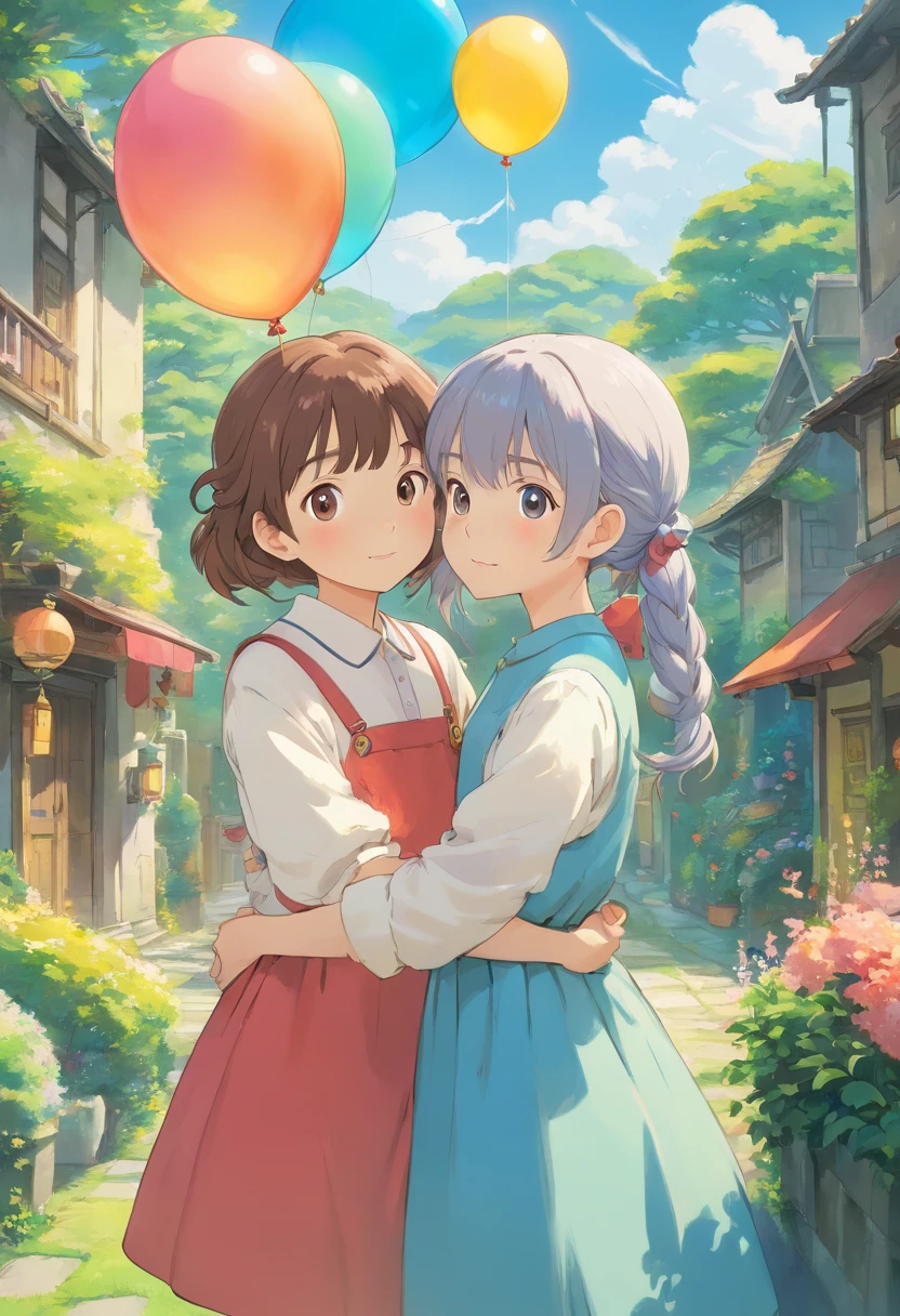high qulity,真实感,photorealestic,4k,8k,hyper-detailing,professinal,detailed meticulous,gorgeous color,Illustration material,Clear focus,Physical base rendering,Character themes,twogirls,Kawaii detail eyes,Kawaii detail lips,long eyelasher,hair adornments,Idyllic,Detailed clothes,Sweet expression,Holding a colorful balloon,Garden background,Bright and soft lighting,iridescent hues