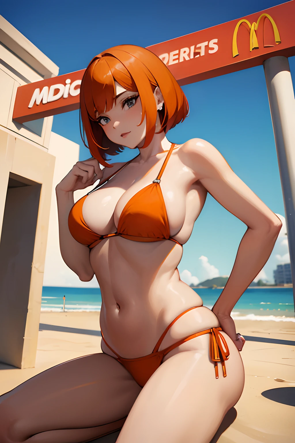 Mujer, (pechos grandes), ((corte bob recto)), ((cabello naranja)), (solo), sexy Orange hair, mcdonald's, bikini