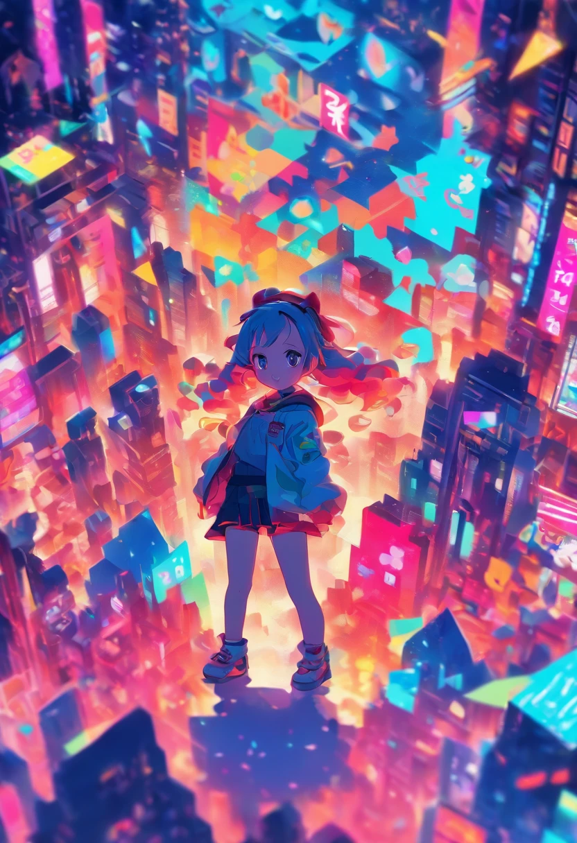 hightquality、Colorful color palette、high-level image quality、Kawaii Girl、Unprecedented amount of drawing、anime styled、Geometric pattern background、front facing、sticker style