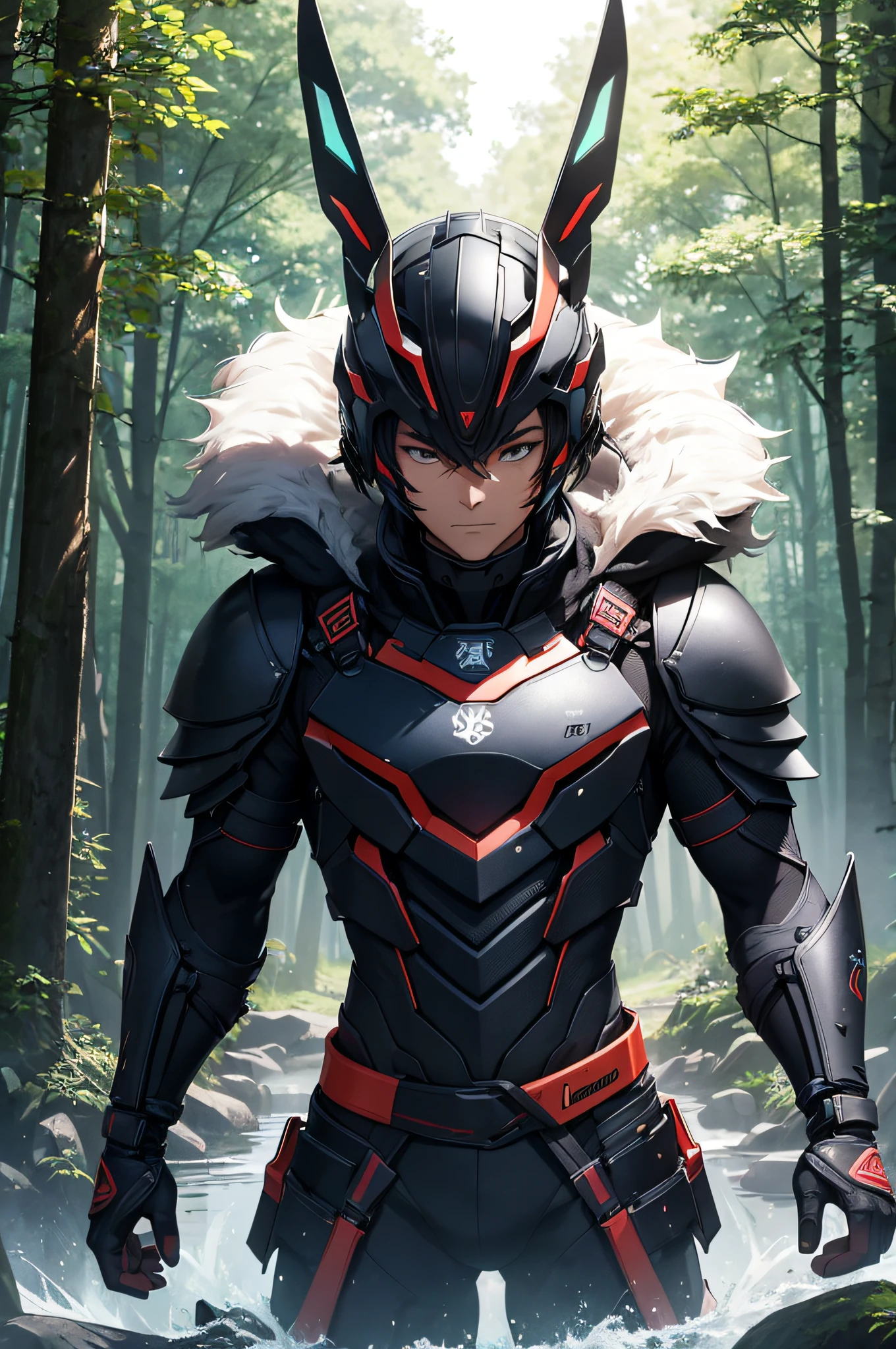 Ein Mann mit einer japanischen Fuchsmaske, Wears Japanese black light armor, Im dunklen Wald, Filmische Beleuchtung, Depth of field, Leuchtendes Licht, raytracing, Reflexionslicht, nahaufnahme, Meisterwerk, Meisterwerk, High quality, best quality, Hohe Detailgenauigkeit, ccurate, anatomisch korrekt, Strukturierte Haut, UHD, hight resolution, 1080p