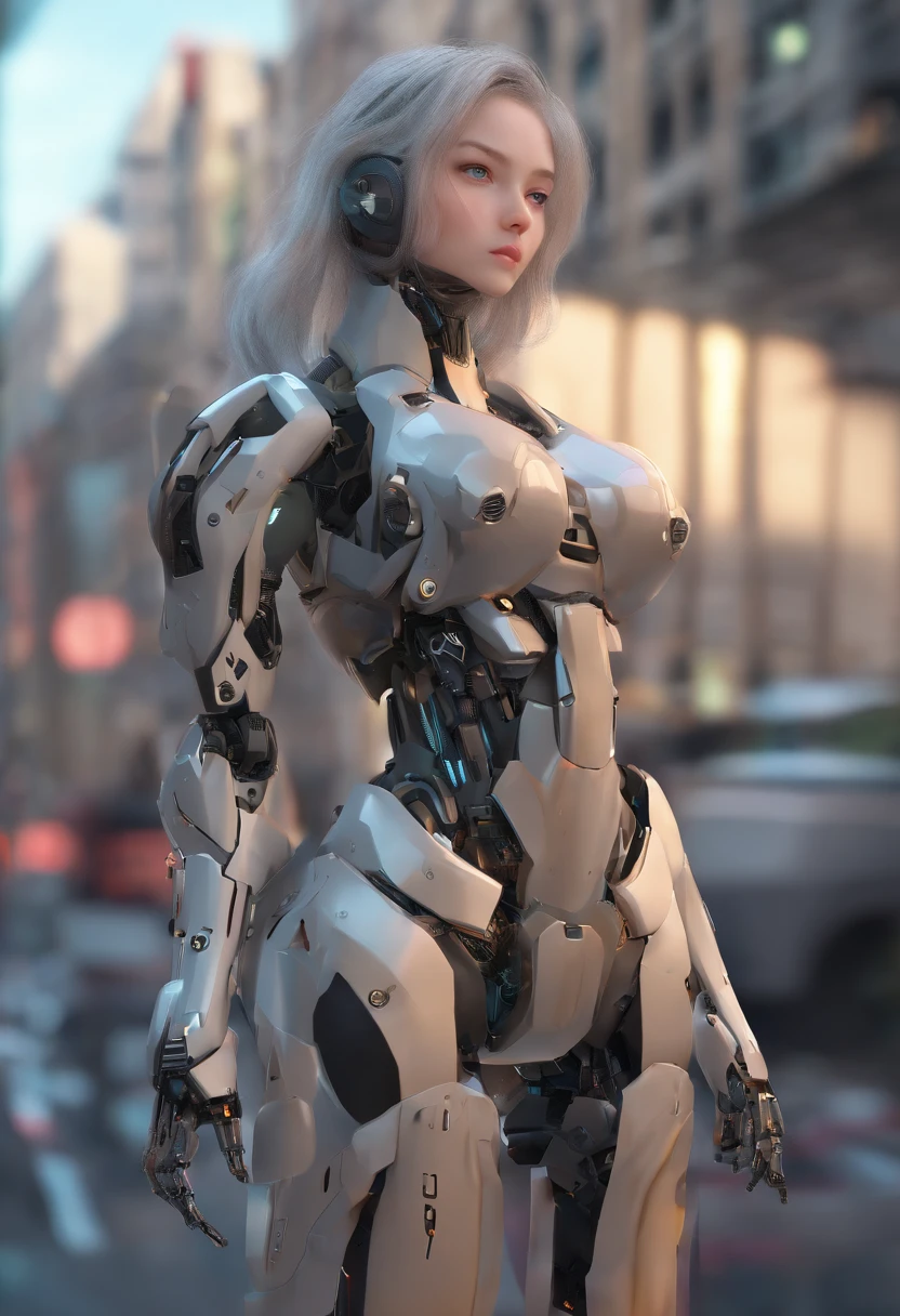 ((Robot Girl, mechs)), Glowing eyes, Delicate face, broken armor, Mechanical aura, Mechanical arm, Gray hair, Long hair, ceramic body, Thigh gap, tiny chest, cyber background, Very nice city, (translucent, reflection skin), 8K, Best Quality, Ultra-detailed, (surrealism: 1.4),