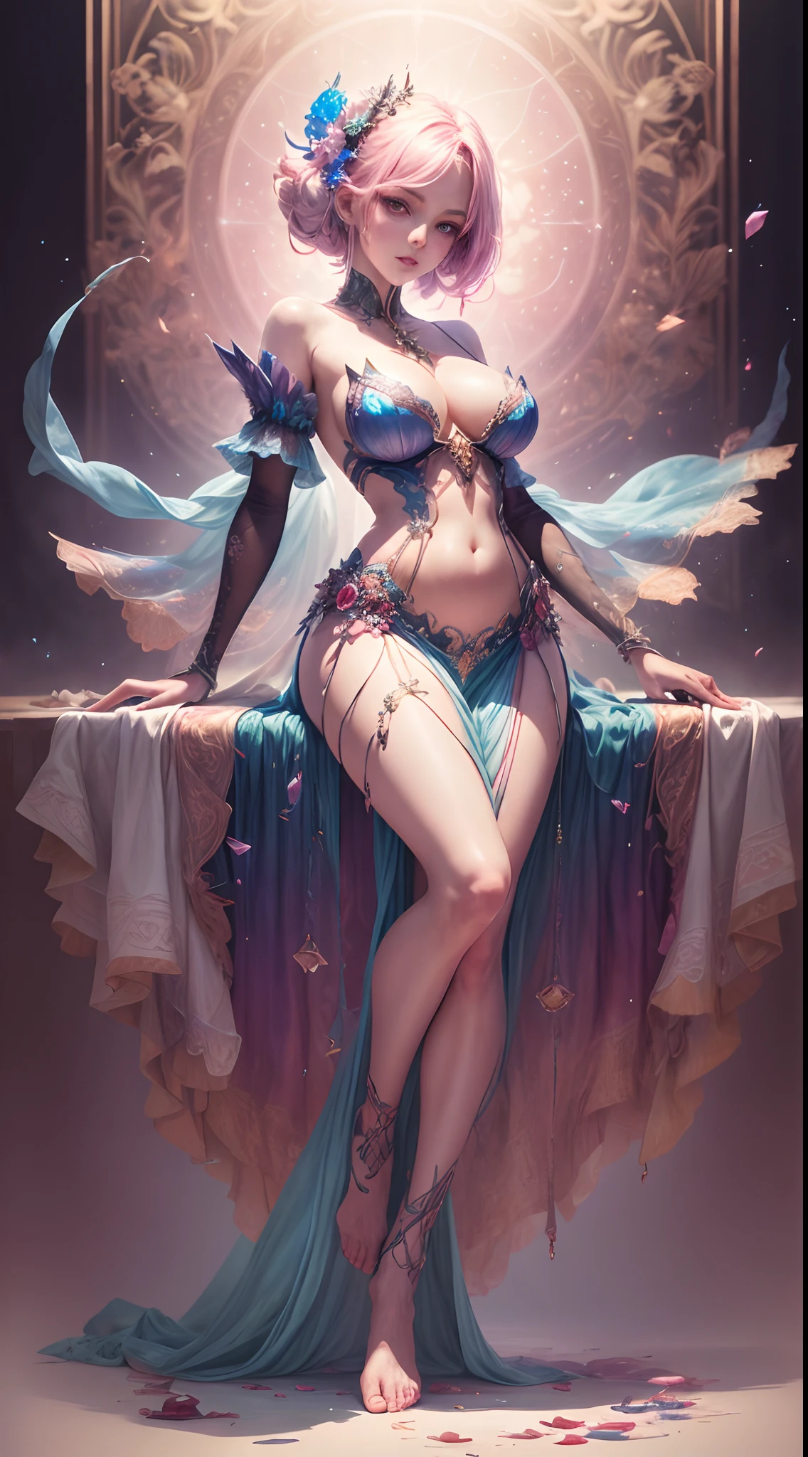 strawberry pink color, A captivating anime girl gracefully emerges from the pages of a watercolor painting, her vibrant and intricate colors breathing life into the artwork. She wears extraordinary fantasy costumes,Decorated with exquisite details, reflecting the enchanting world she inhabits. Luminescent elements, like glowing crystals and ethereal wisps, surround her, casting a soft, otherworldly glow. The watercolor style imbues the image with a sense of fluidity and delicacy, as if the colors are effortlessly blending and bleeding into one another. Camera shot: Medium Shot, Camera lens: softfocus, Lighting: luminescent glow, watercolor brushstrokes, Long legs, Stunning composition, Foot braids, Beautiful and detailed legs, belly button expose, exposed cleavage, shining thighs, shining legs, showing a delicate slim figure and graceful curves, (ultra Realistic), ( illustration), (High res), (8K), (highly detailed), (the best illustration), (Beautiful Detailed Eyes), (best Quality), (Super Detailed), (Master peace), (Wallpapers), (Detailed Face),