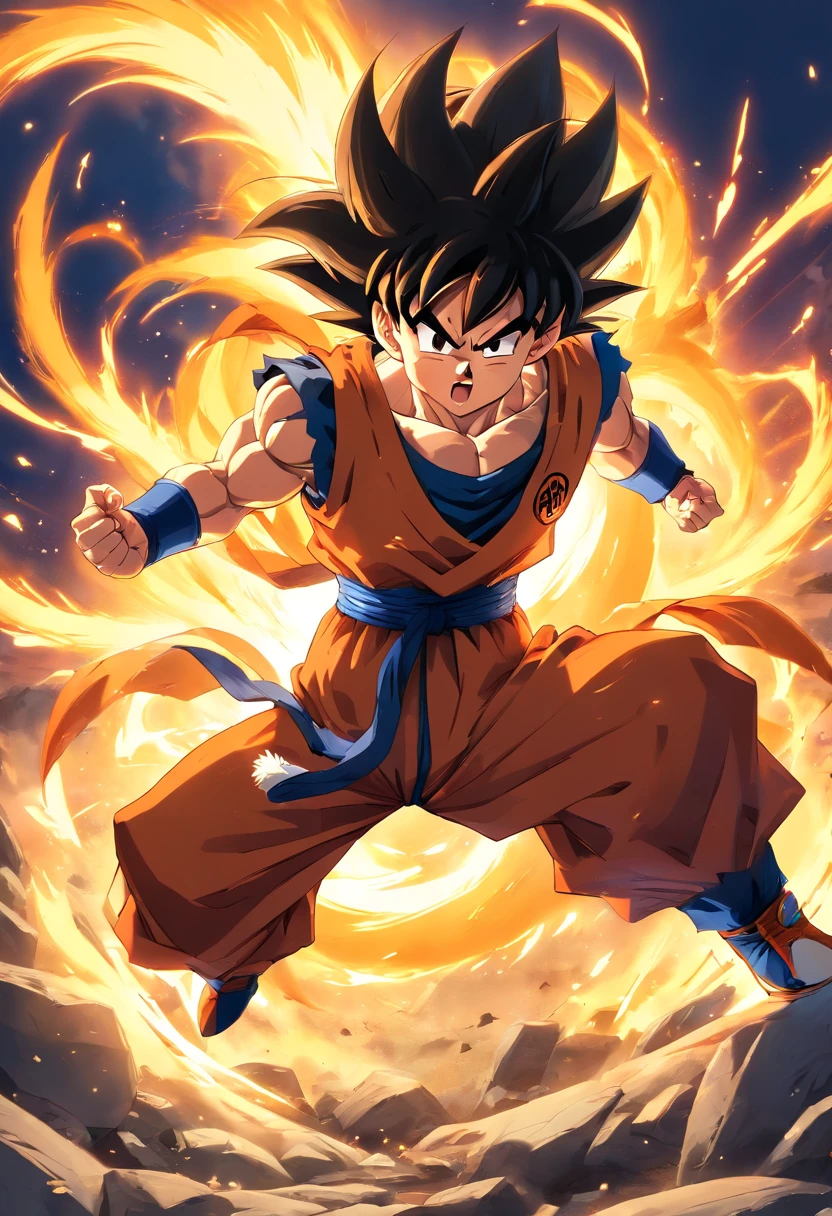 official art, unity 8k wallpaper, ultra detailed, beautiful and aesthetic, masterpiece, best quality,photorealistic,realistic,8k,full body, solo,son_goku,  <lora:son_goku:0.8>,hold energy , lightning, yellow aura,attack,skills_pose,skills_xuanwozhan, <lora:skills_v1-000014:0.5>