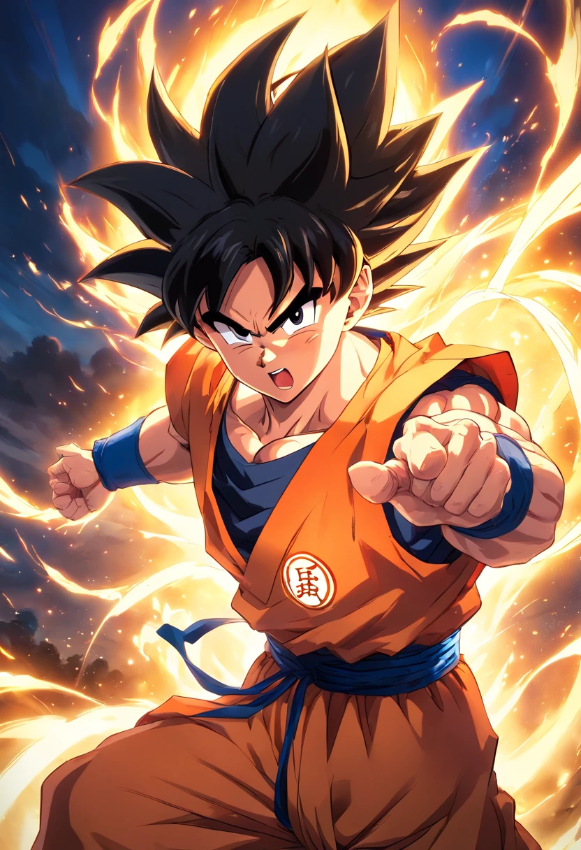 Son Goku, Dragon Ball, wearing heavy armor, illustration, high-res, dramatic lighting, vibrant colors, detailed muscles, intense battle scene, dynamic perspective, power aura, epic transformation.