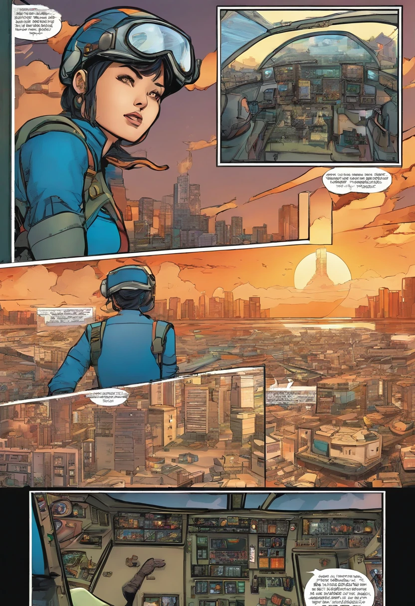 Japanese comics style , the comic story is presented in multiple irregular panels with color. Close-up on Alana: Determined look in cockpit, city ruins in the background, hands gripping controls. The style is exaggerated and detailed in anime style. setting is American city of Portland Oregon