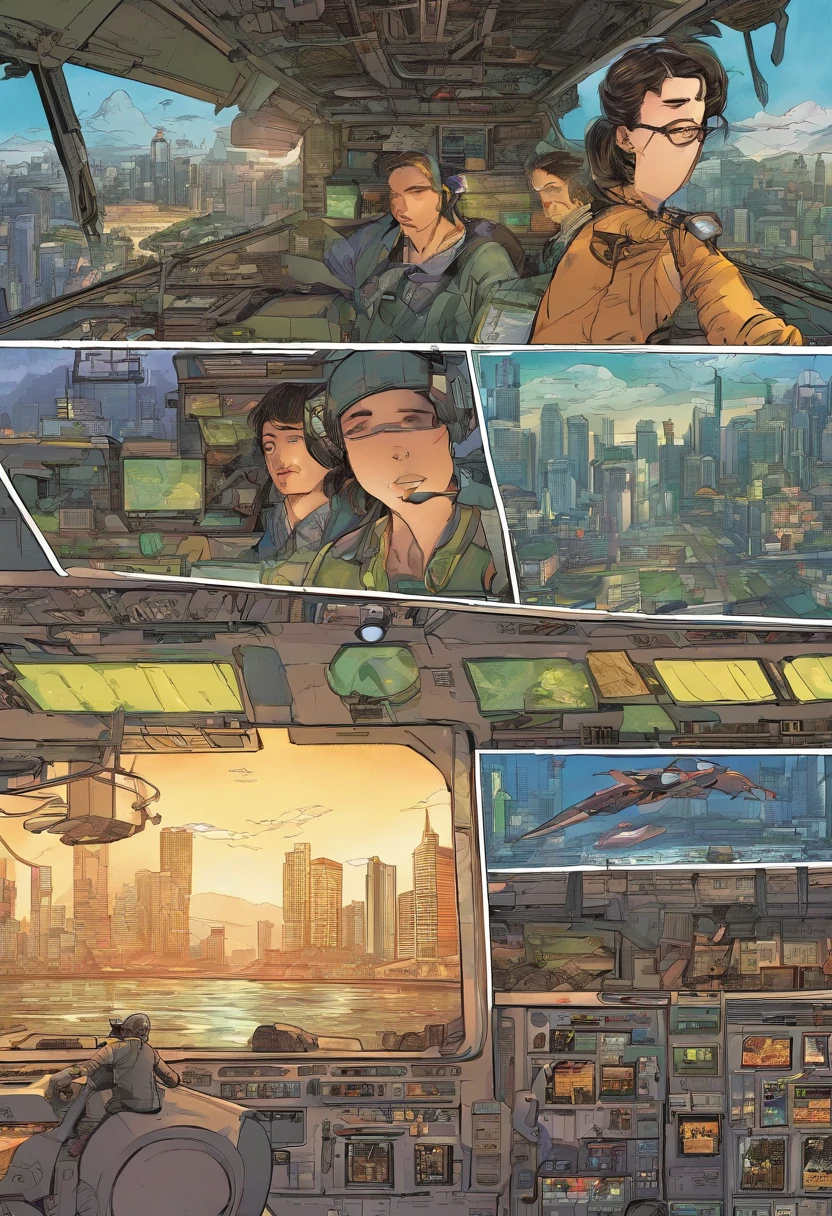 Japanese comics style , the comic story is presented in multiple irregular panels with color. Close-up on Alana: Determined look in cockpit, city ruins in the background, hands gripping controls. The style is exaggerated and detailed in anime style. setting is American city of Portland Oregon
