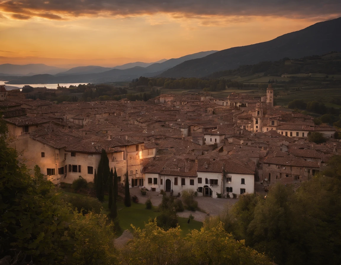 An extremely beautiful and charming Italian village by the shores of lake Cuomo, Italy, sunset, lights on, dramatic lighting, magnificent aura, amazing views, stunning skies, spectacular full moon.