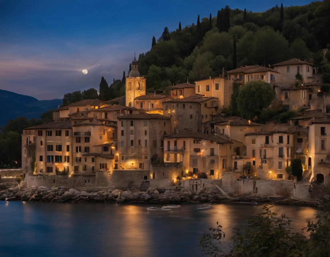 An extremely beautiful and charming Italian village by the shores of lake Cuomo, Italy, sunset, lights on, dramatic lighting, magnificent aura, amazing views, stunning skies, spectacular full moon.