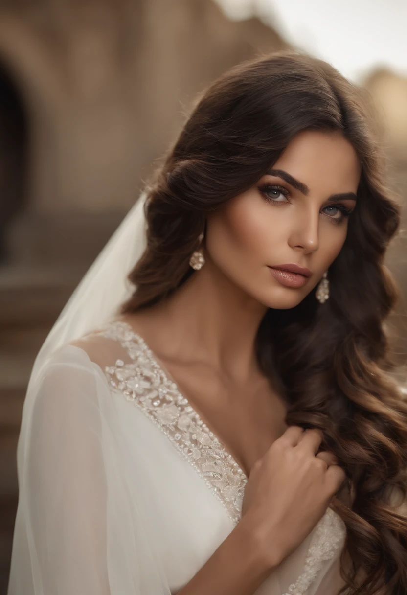 ((qualidade superior, 8k, obra-prima: 1.3)), Caucasian characteristics, dark brown hair in gentle waves up to the shoulders, expressivos olhos azuis, long eyelashes, silhueta esbelta com curvas suaves. Beleza, 1 menina, Grande: 1.3, abdominais esguios: 1.1, rosto ultra detalhado, Highly detailed lips, olhos detalhados, no quarto