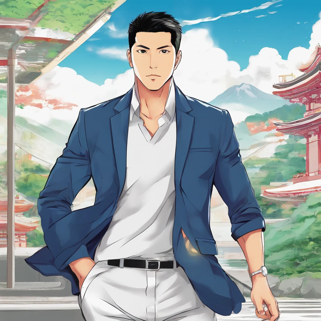 An attractive 40-year-old Filipino, boasting an extremely fit build. He has short black hair and a shaved beard. He wears a tight office uniform.