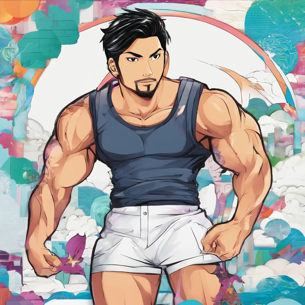 An attractive 40-year-old Filipino, boasting an extremely fit build. He has short black hair and a shaved beard. He wears a tight office uniform.