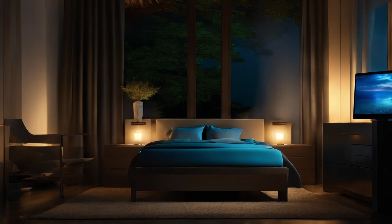 quarto escuro, Noite, mesa de computador, sombras suaves, computador moderno elegante, tela iluminada, luz azul fria, papel de parede, altamente detalhado, Paisagem do anime
