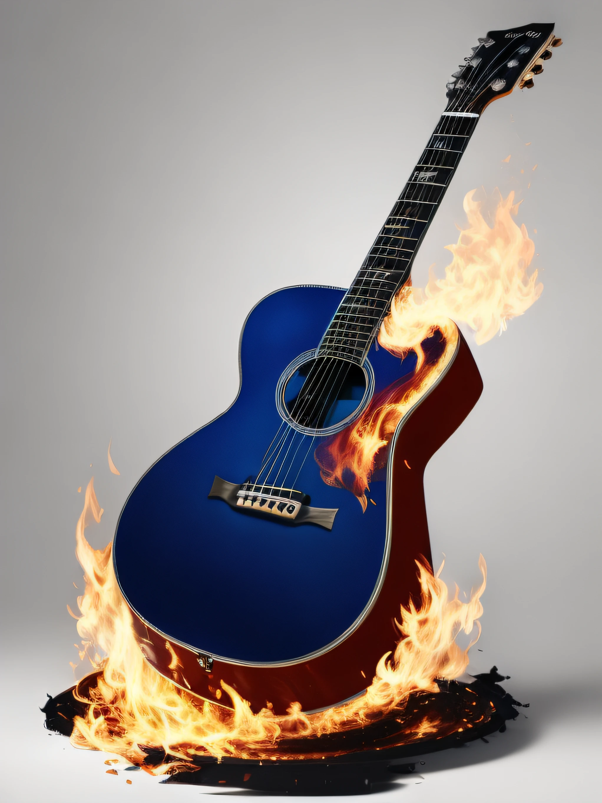 Guitar on fire with white background behind