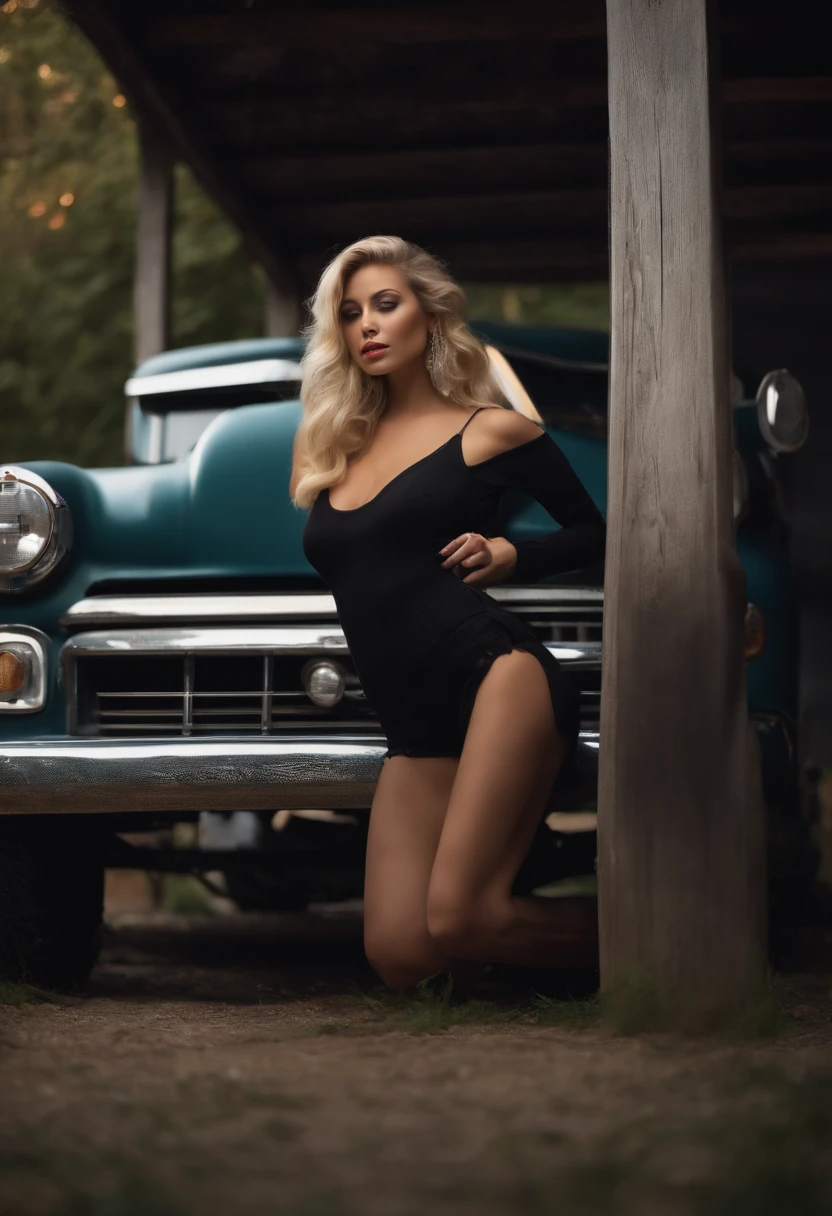 Realistic garage with old black truck blonde model posing