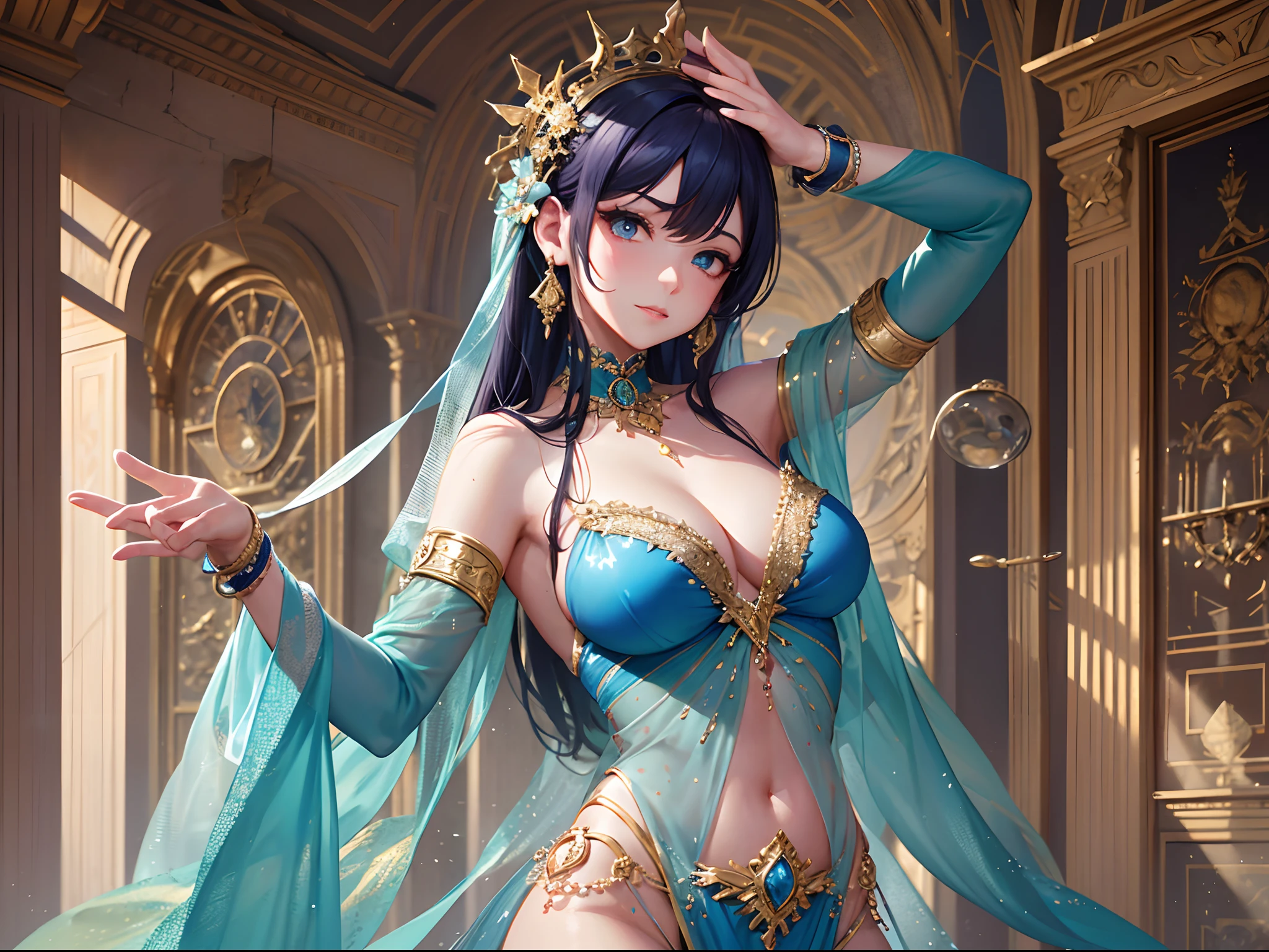 (Finest quality)),(超A high resolution),(ultra-detailliert),(Meticulous portrayal),((best pictures)),(Finest works of art),Ultra-Precision Art,The art of astounding depiction, Fantasyart:1.5, (One Dancer:1.5),(Dressed by a blue dancer:1.4,gradients:1.1),see -through,Glamorous Body,tight abdomen,